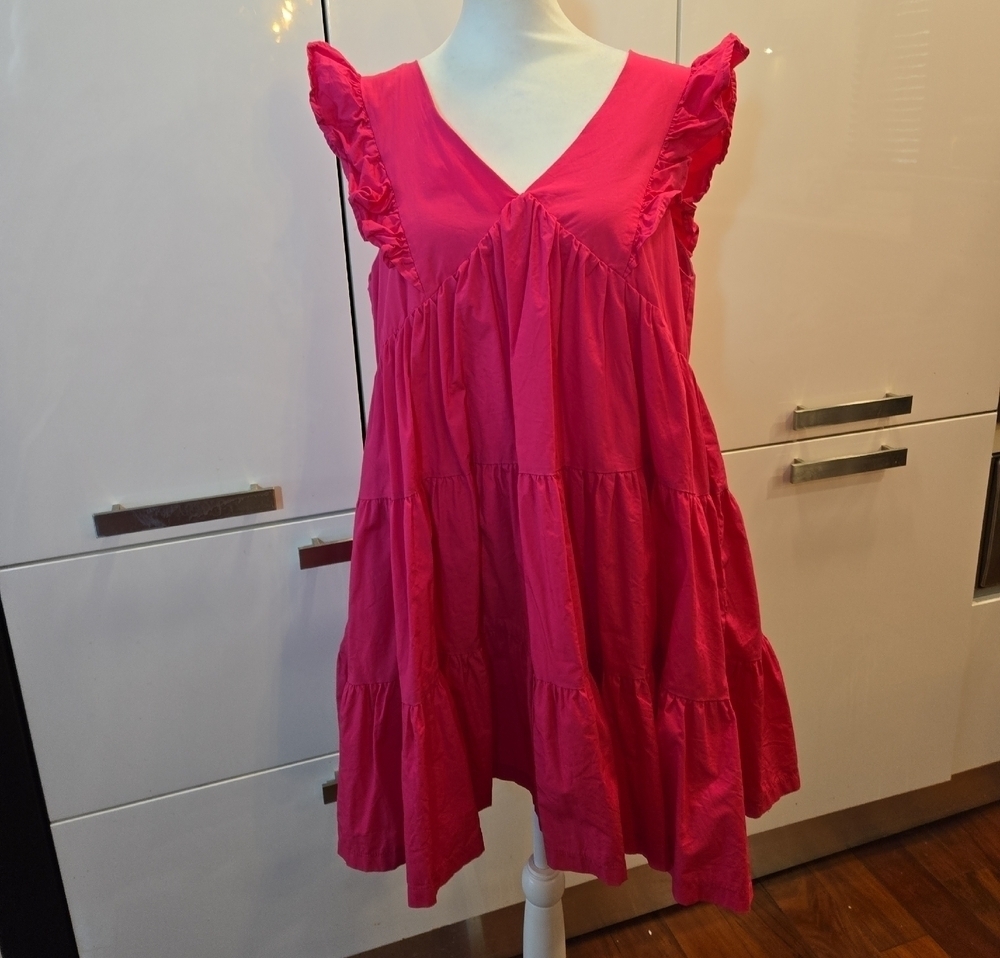Cotton Tiered Ruffle Peasant Boho Sleeveless Dress Pink Size Large